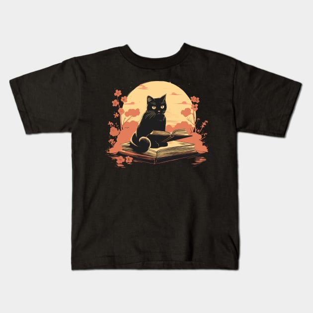 Japanese Floral Black Cat And Book Catshirt Kids T-Shirt by VisionDesigner